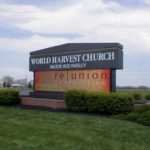 World Harvest Church sign with digital display